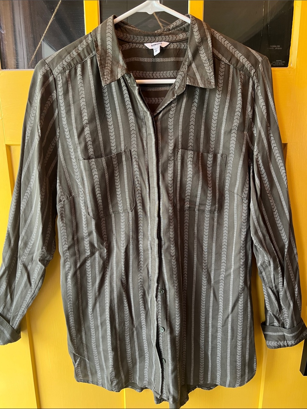 Striped Button-Up Shirt in Olive and Gray